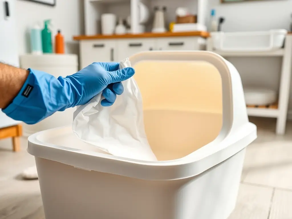 A gloved hand carefully replacing a litter box liner with a fresh one, showcasing the deep cleaning process. The background is a clean and organized pet care station.