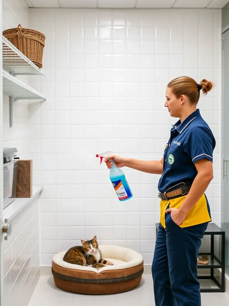 A PootyPaws technician using pet-safe cleaners and odor control sprays, ensuring a fresh and sanitary environment for the cat.