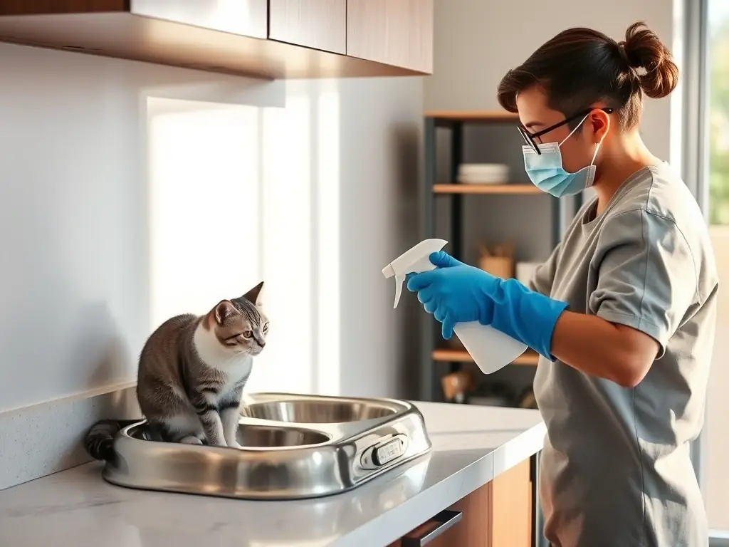 A person wearing gloves and a mask, carefully sanitizing a cat's feeding area with pet-safe cleaning products. The area is visibly cleaner after the sanitization.