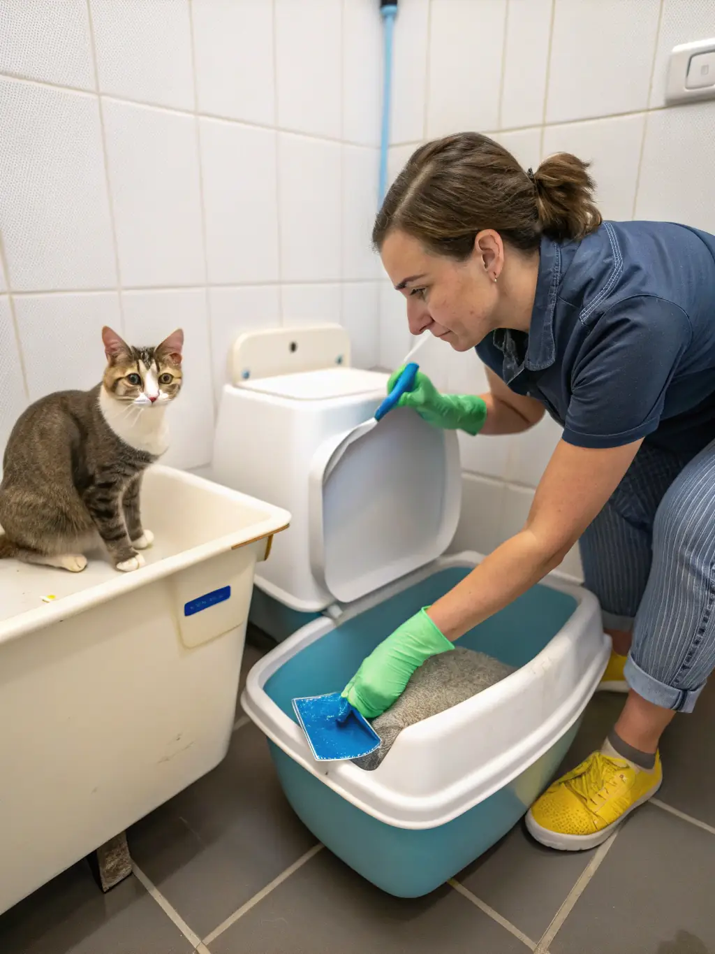 A PootyPaws technician gently cleaning a litter box while respecting the cat's space, emphasizing the cat-centered care approach.