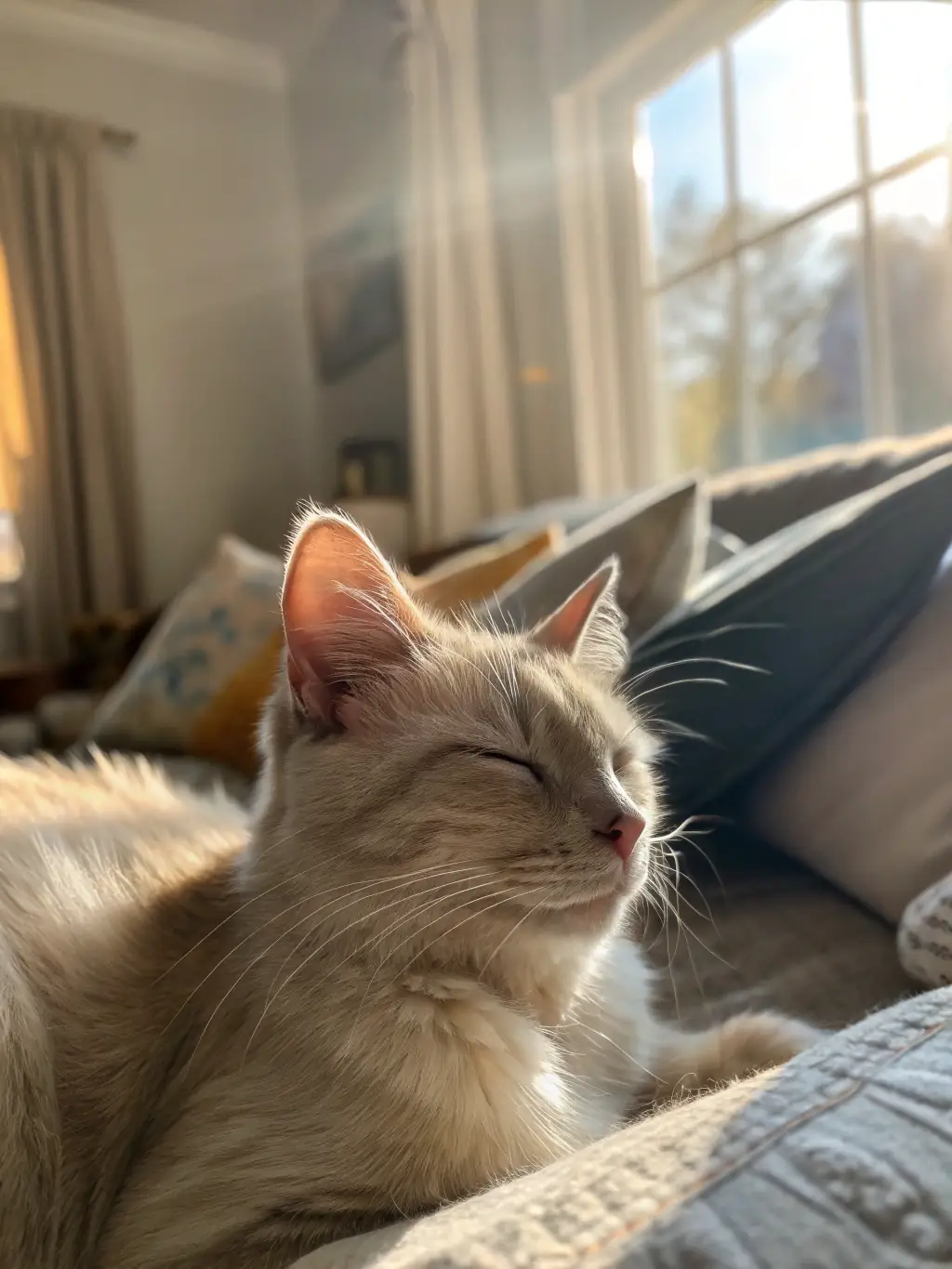 A happy cat lounging near a spotless litter box, looking relaxed and content, showcasing the stress-free environment PootyPaws provides.