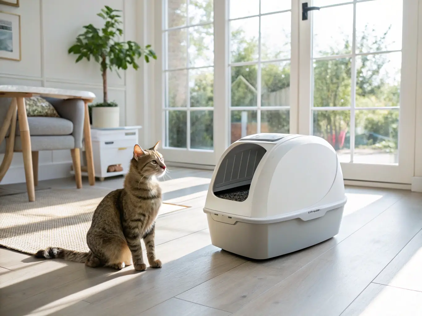 A clean, modern litter box with fresh litter, next to a happy, relaxed cat. The background is a tidy, well-maintained home environment.